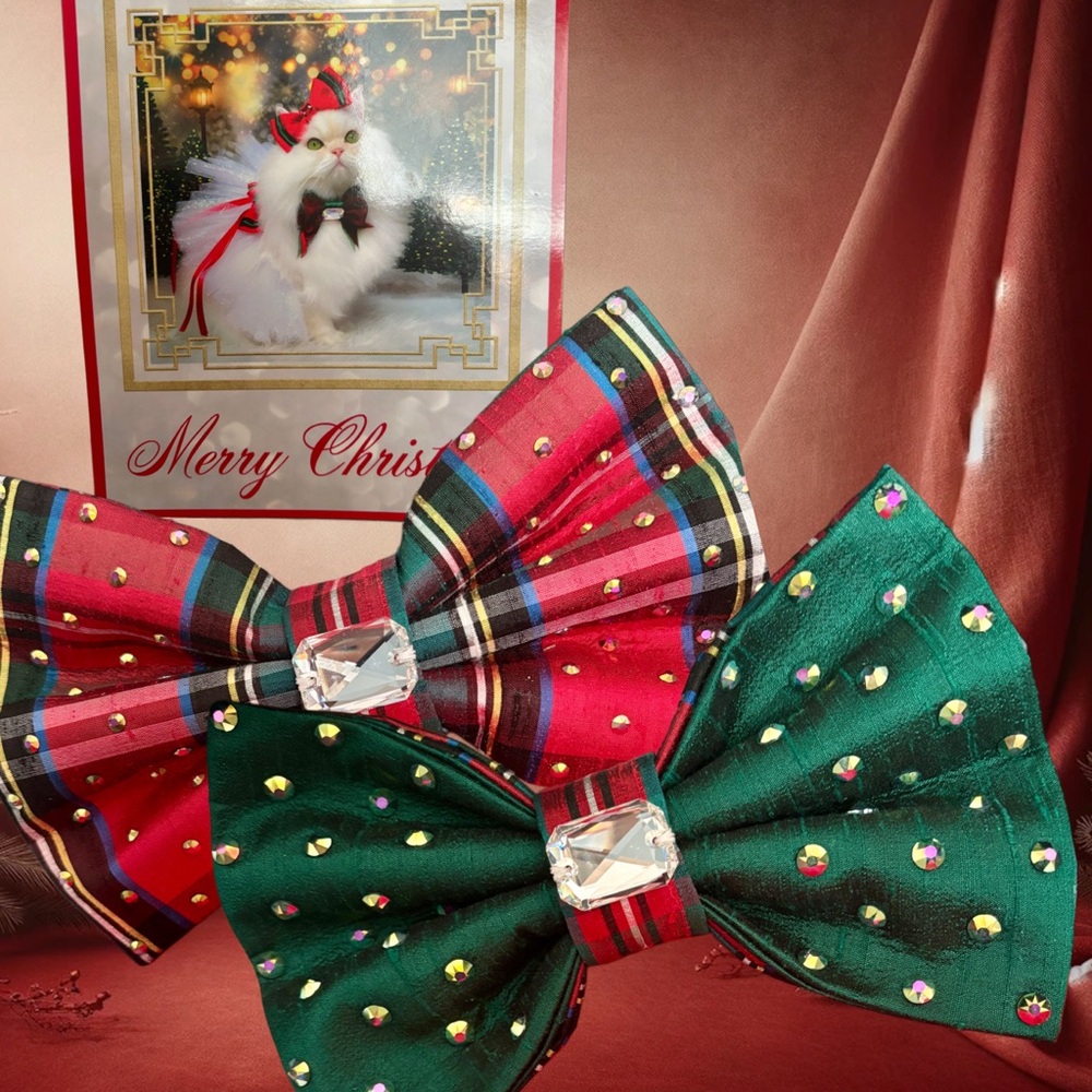 Furdrobe Reversible Silk Pet Bow with a stunning Swarovski center crystal.